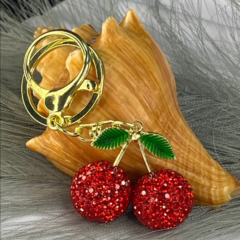 CHERRIES RHINESTONE ENAMEL KEYCHAIN PURSE CHARM